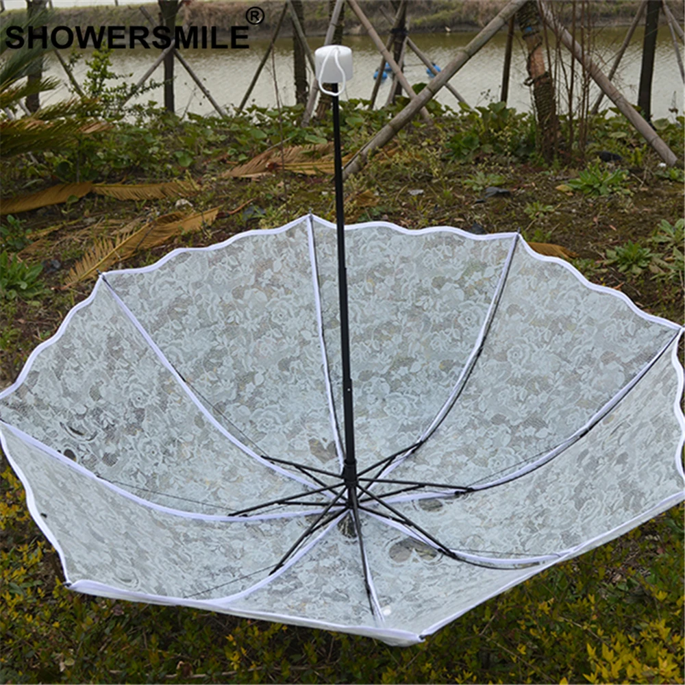 Tanie SHOWERSMILE koronkowy przezroczysty parasol deszcz kobiety biały składany plastikowy jasny parasol ślubny długi uchwyt panie Guarda Chuva