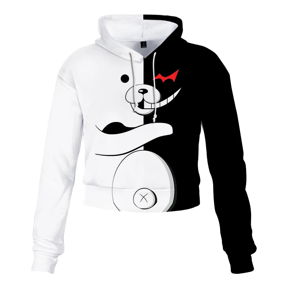 Projectile breaking black and white bear print Sexy Crop Top Women Hoodies Harajuku Spring Hot Sale Casual Hoodies Sweatshirts