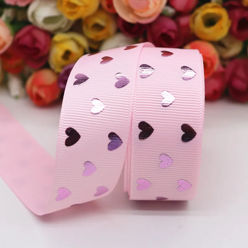 Valentine's Day Pink Gold Heart-Shaped Printed Ribbon 5 Yards 1" 25MM For Hair Bows DIY Crafts Handmade Accessories M20012103 ribbon decoration ribbon supplies wire cleaning brush wrapping ribbon sewing ribbon