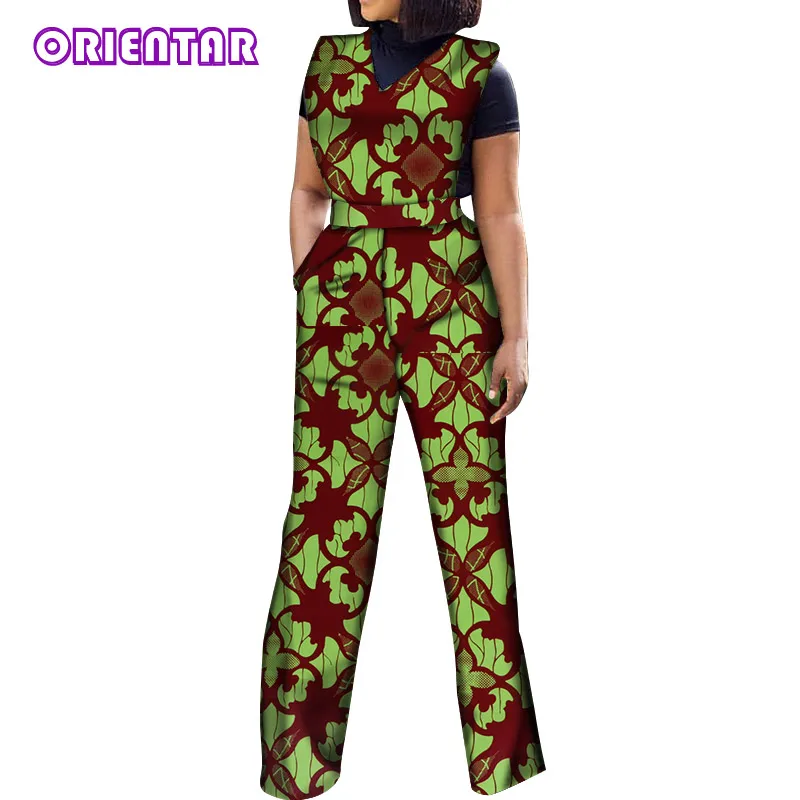 African Jumpsuits for Women V-Neck Sleeveless Autumn Fashion Romper Wide Leg Pants African Batik Wax Print Jumpsuits WY5458