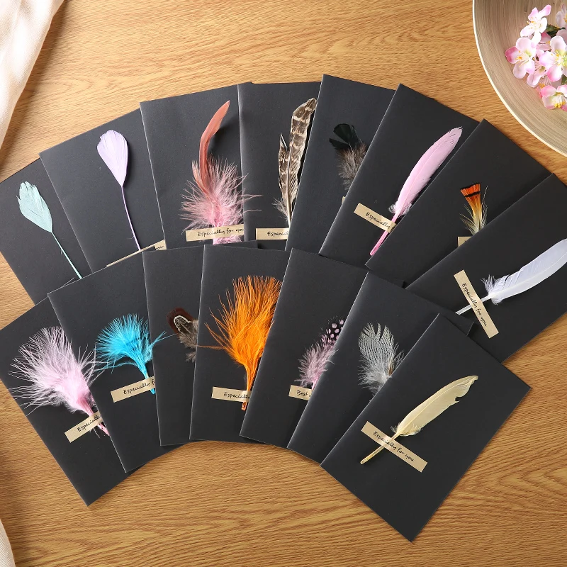 

10pcs Birthday Card Father's Day Greeting Card Employee Greeting Card Print Handmade Creative Feather Wish Message Card