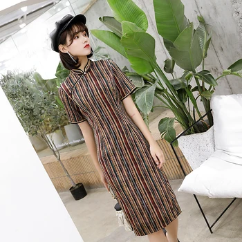 

Short Sleeve Cheongsam Elegant Women Knee Length Party Dress Sexy Summer Evening Qipao Lady Button Vestido Big Size M-4XL