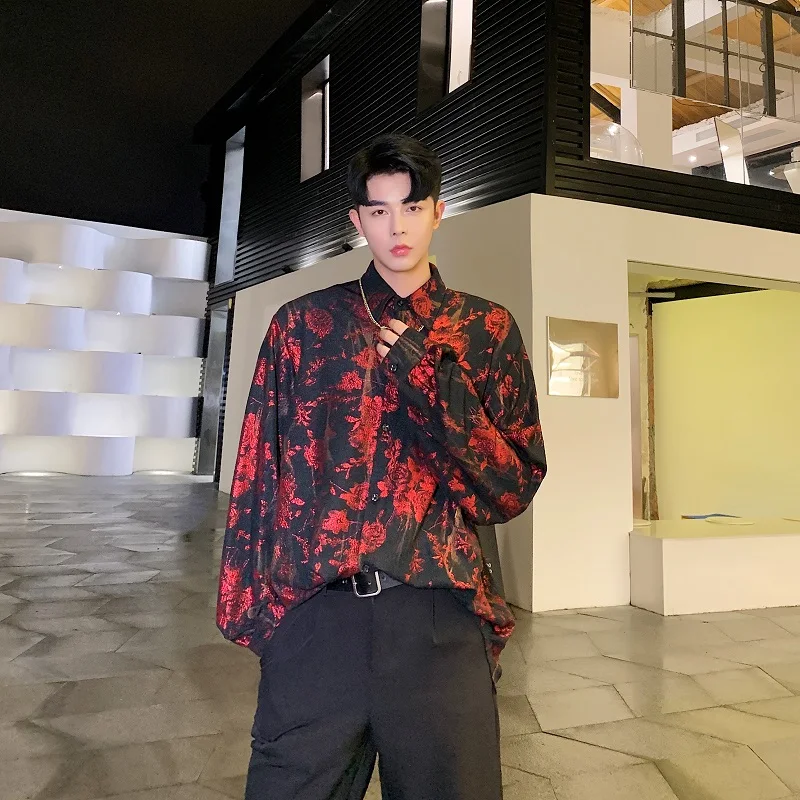 

Men Long Sleeve Loose Vitnage Casual Flower Print Shirt Male Streetwear Hip Hop Party Dress Floral Shirt Stage Show Clothing