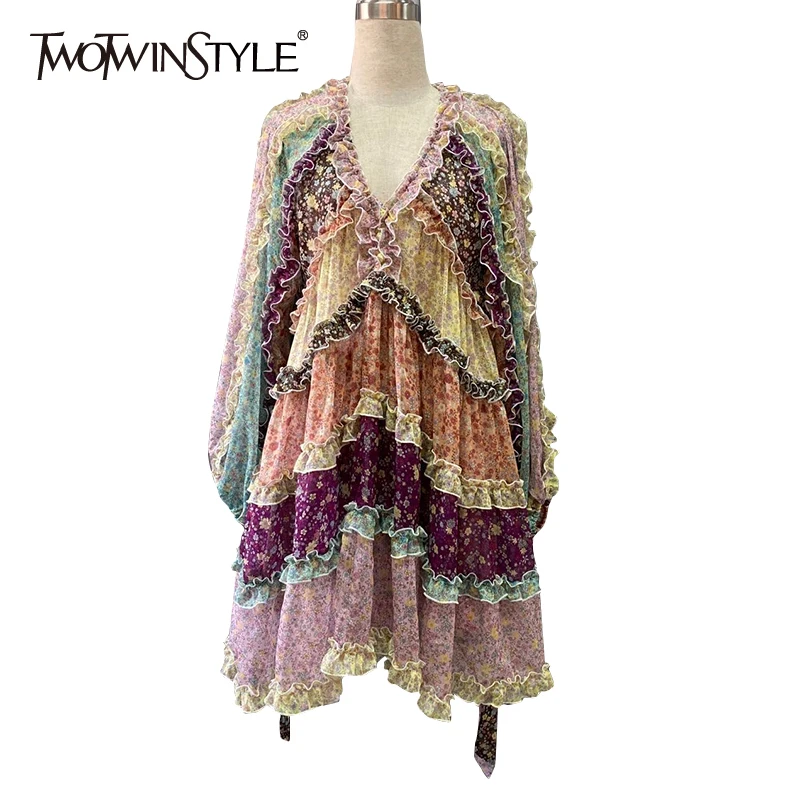TWOTWINSTYLE Elegant Printed Hit Color Dress For