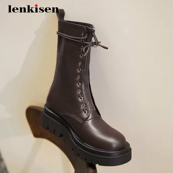 

Lenkisen motorcycle boots genuine leather punk platform round toe thick high heel zipper handsome young girls mid-calf boots L78