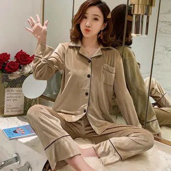 

Gold Velvet Pyjama 2pcs Autumn Winter Women Pajamas Sets Satin Velvet Sexy Warm Homewear Pijama Suit For Women