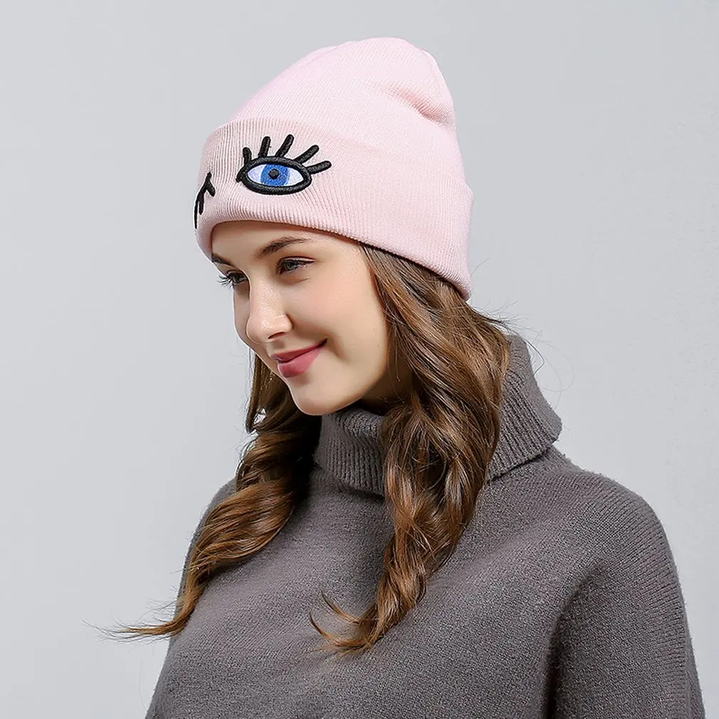 Модная осенне-зимняя женская шапка Skullies Beanies в стиле хип-хоп с забавными глазами, теплая Женская шапка с помпоном, мягкие женские вязаные шапки