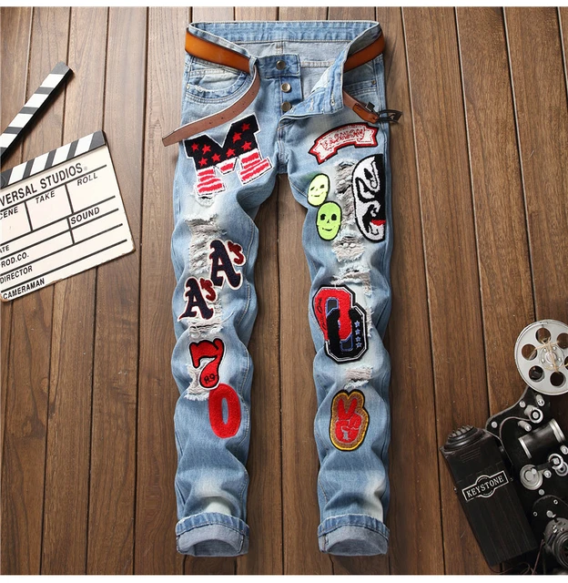 New Men's male badge patches buttons fly slim jeans Trendy light blue holes  ripped distressed denim straight pants trousers - AliExpress