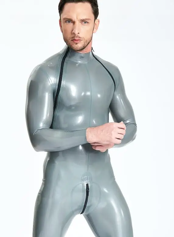 Natural Latex Male Shoulder-Zip Catsuit Double-Diagonal Zipper Rubber Bodysuits