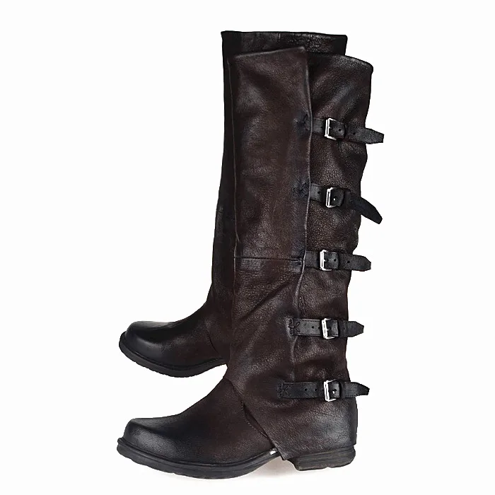 Stylesowner Original Brand Top Sale Sheepskin Square Toe Woman Boots Do The Old Buckle Strap Look Thin Knee-high Boots Retro