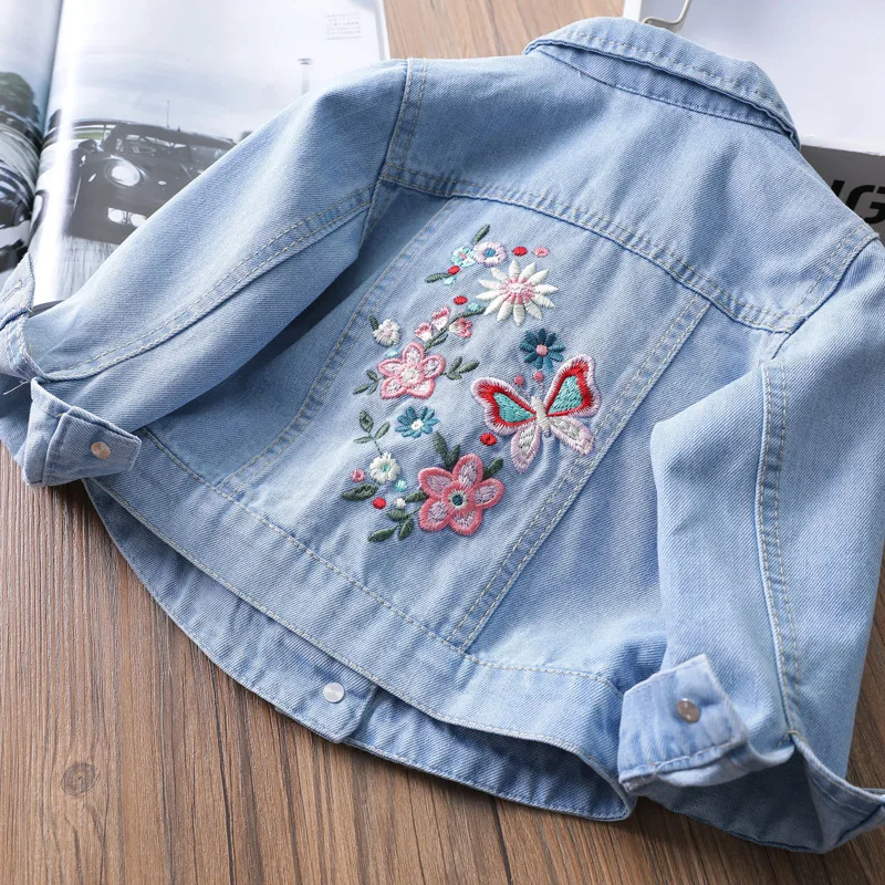

2019 Baby Girls Flower Kids' Overcoat Spring And Autumn New Style Girls Loose-Fit Long Sleeve Denim Jacket