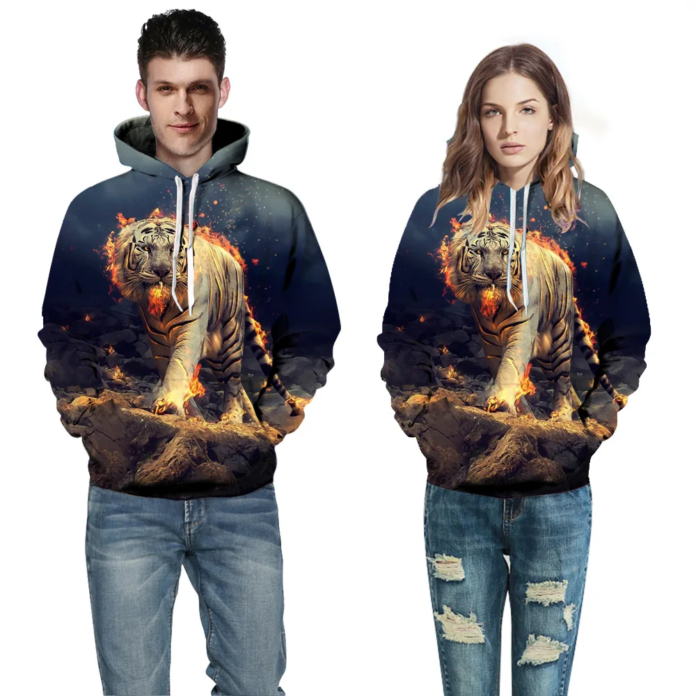 

Europe And America Popular Brand Combustion of Tiger Digital Printing Hoodie Crew Neck Pullover Large Size Loose-Fit Hooded Swea