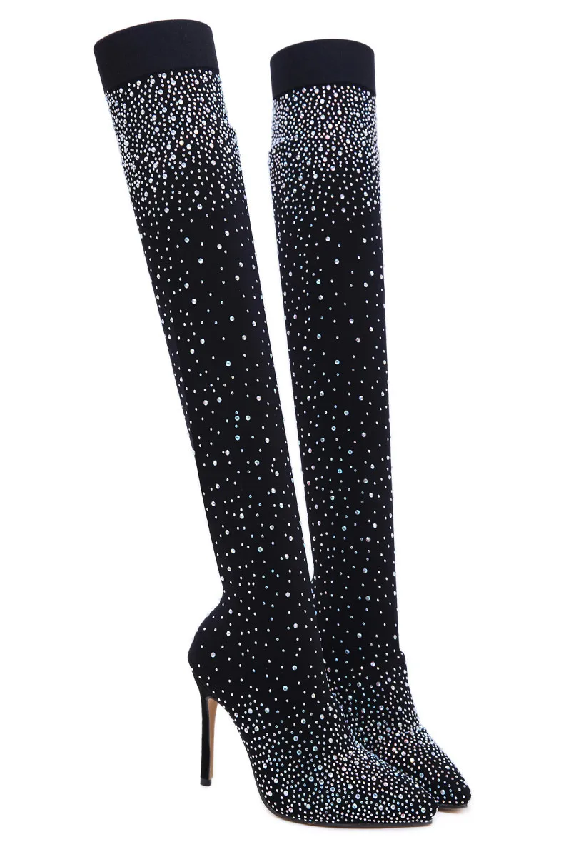 New Winter Knee Boots Sexy Fashion Warm Shiny Rhinestone Stretch Knee High Heel Women's Boots Winter Shoes ZL-139-21