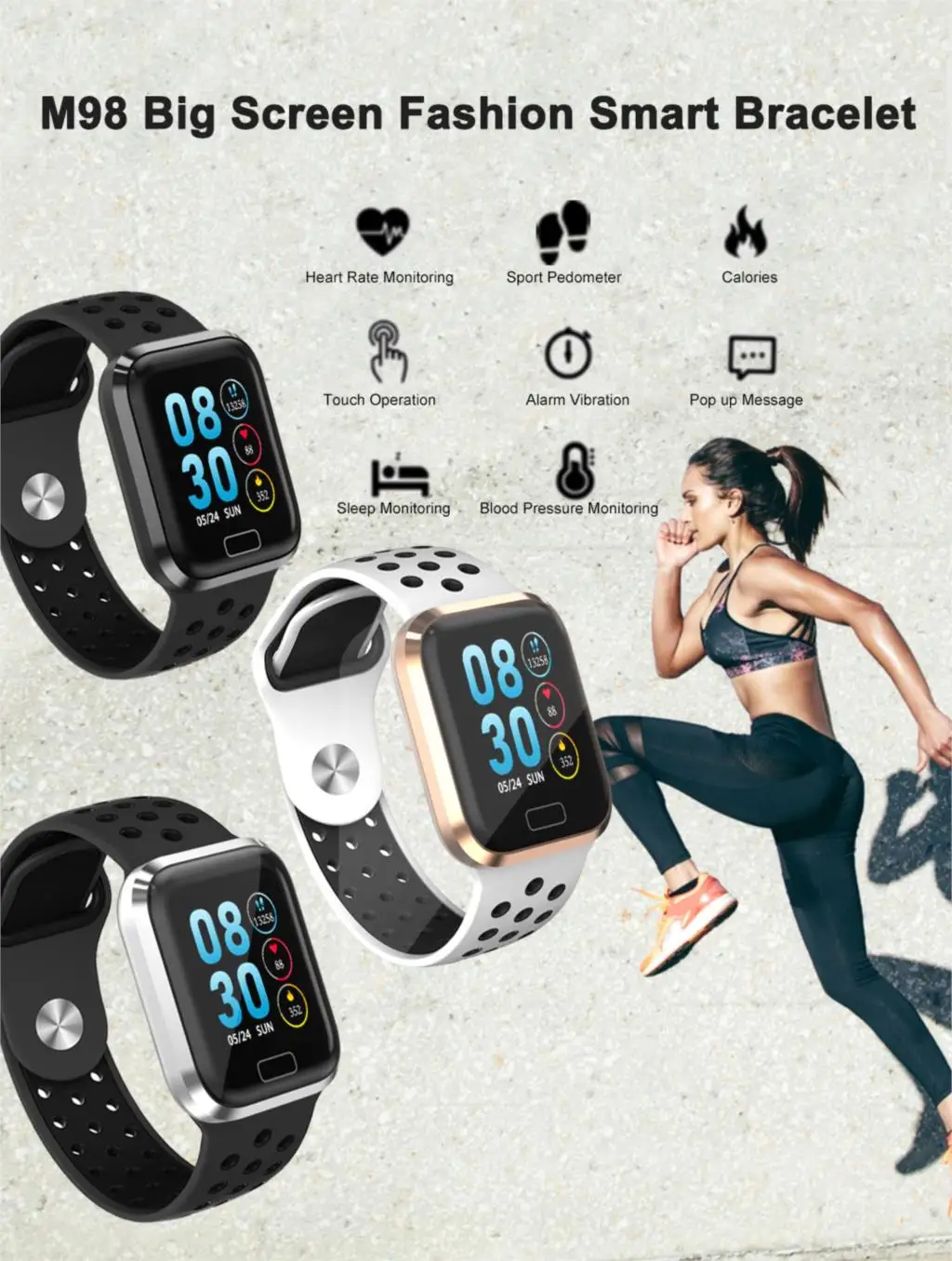 

Samrcent M98 IP67 Waterproof Adult Sport Smart Watch Support Bluetooth Music Heart Rate Monitor Blood Pressure for Andriod IOS