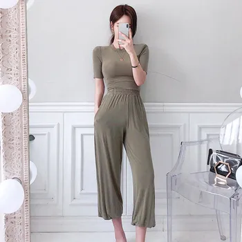 

New Summer Two-piece Suit Women Korean Style Fashion Slim Solid T-shirt Tops + Casual Loose Trousers Suit Female 2 Piece Sets