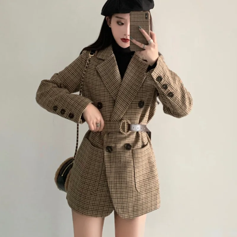 New Korean OL Plaid Work Woolen Blazer Jacket Women Casual Double-breasted Sashes Suit Coat Female Slim Vintage Blazer Outwear