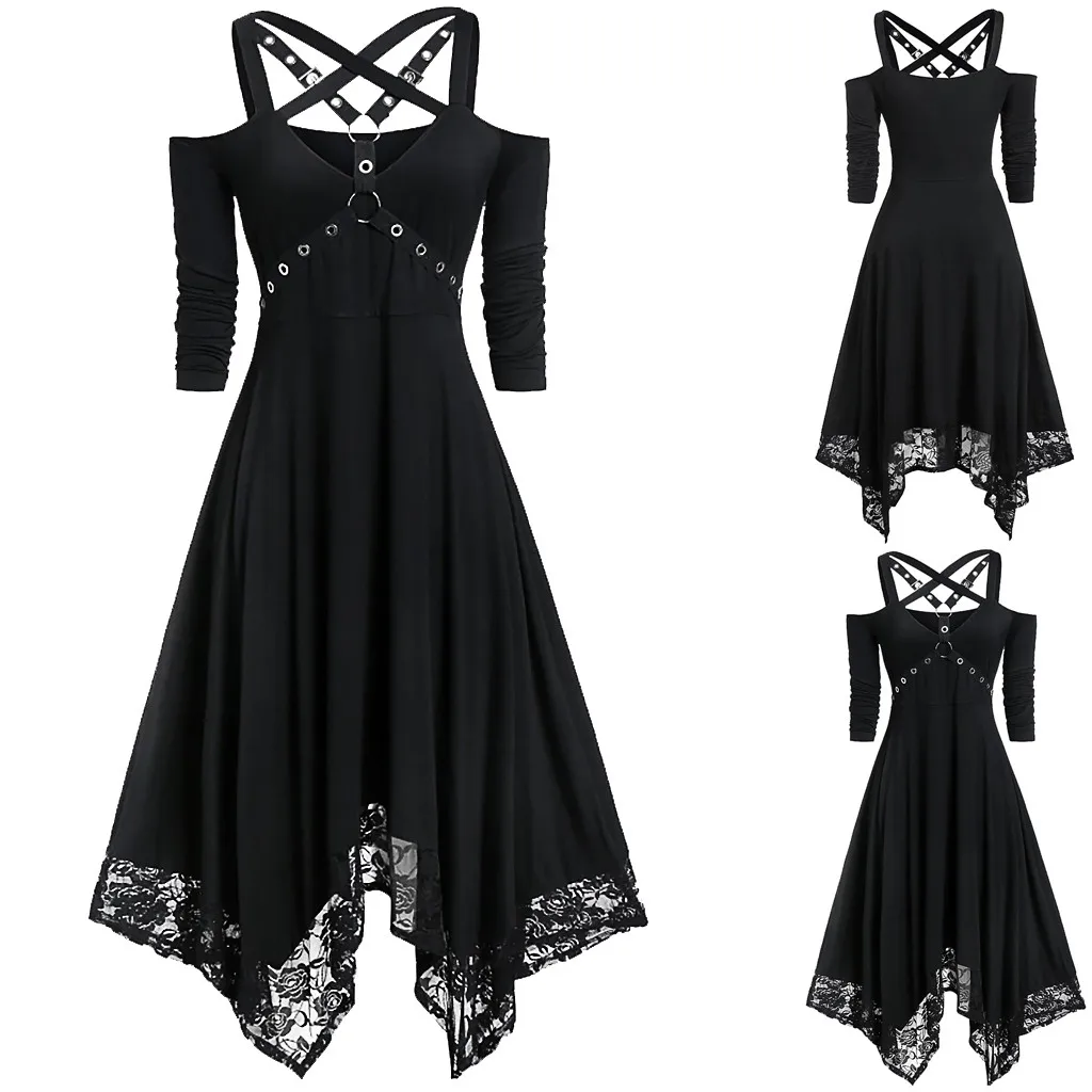 Women Halter Black Gothic Dress Summer Sexy Cold Shoulder See Though Mini Dresses Cute Japan Girl Hollow Goth Short Dress