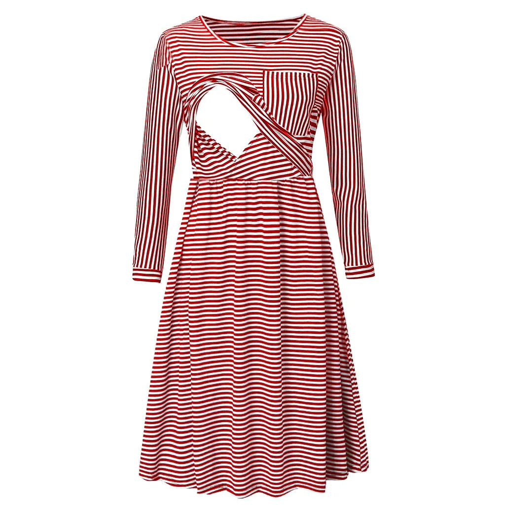 Maternity Dresses Vestidos Stripe with Pocket Nursing Pregnancy Dress For Pregnant Women Clothes Pink Winter Feeding Dress 19Nov