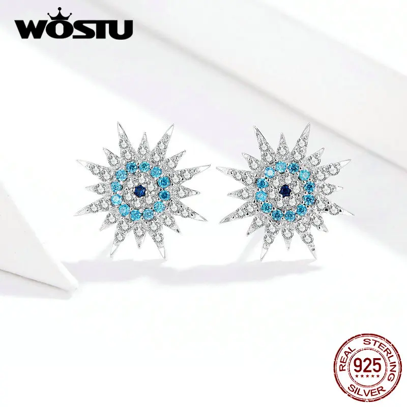 WOSTU, 925 пробы, серебряные серьги-гвоздики Lucky Eyes для женщин, блестящий циркон, модные свадебные синие маленькие серьги, ювелирные изделия, DXE751