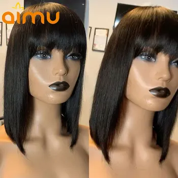 

Short Bob Straight Human Hair Wigs with Bangs 13x6 Lace Front Wig 150% Density Brazilian Remy Pre Plucked Bleached Knots Wig