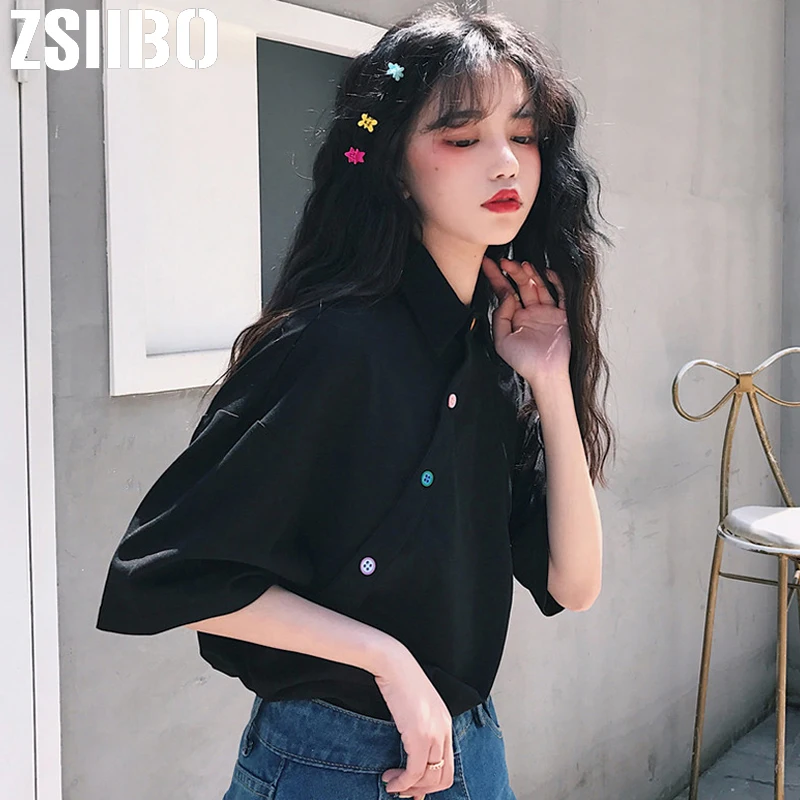 Летняя женская футболка, женская, kawaii, милый, необычный топ на пуговицах,, милая, Круглый ворот, одноцветная, женская одежда, плюс размер