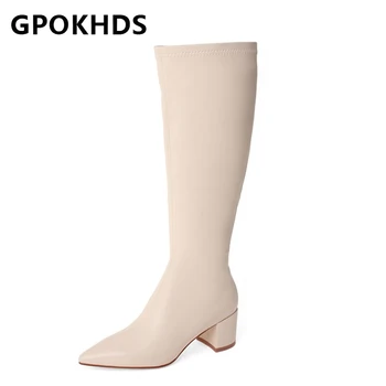 

GPOKHDS 2021 women Knee-High boots Microfiber Winter short plush Pointed Toe Zipper High heels female boots size 43
