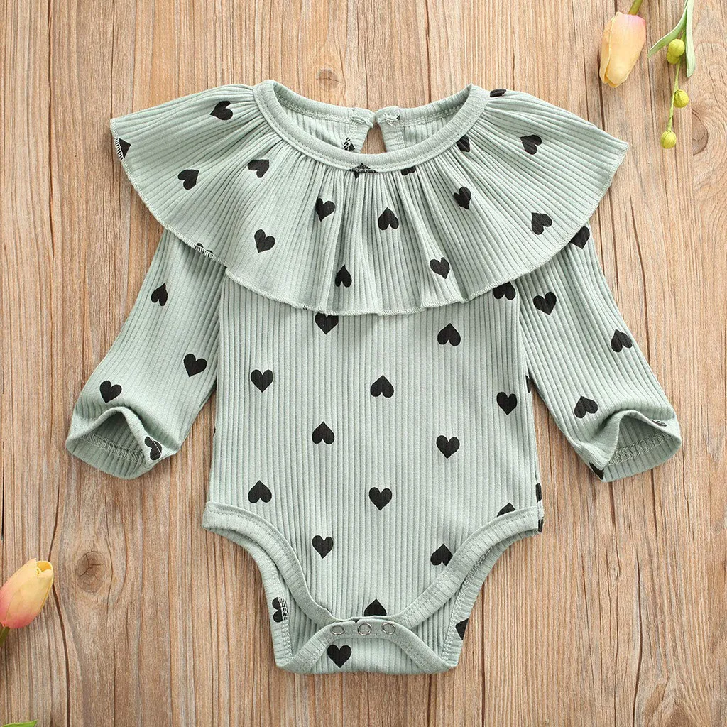 Mint Green Комбинезон с рюшами для новорожденных девочек; цельнокроеный комбинезон на День святого Валентина с принтом сердца; комбинезон; боди; одежда - Цвет: Mint Green