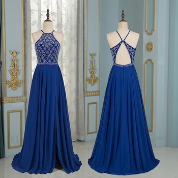 

2018 Sexy Blue open back Prom Dress A-Line very beading floor length Sleeveless Formal Evening Gowns Celebrity red carpet wear