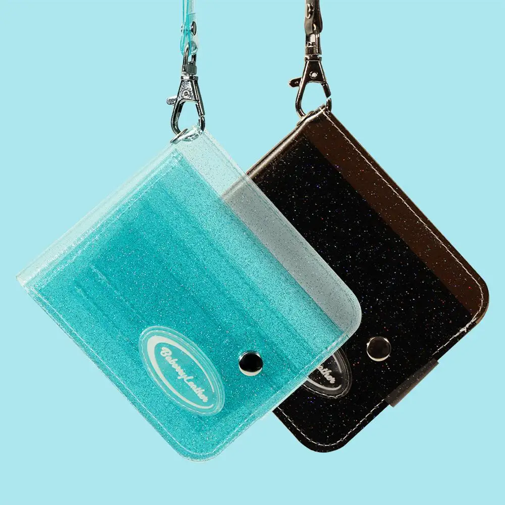 귀여운 작은 가방 투명 ID 카드 홀더 PVC 접는 짧은 지갑 패션 여성 소녀 반짝이 카드 케이스 지갑 끈 합계 