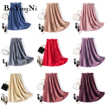 

Beiyingni Casual Pleated Skirt Vintage With Belt Elastic High Waist Midi Skirts Woman Solid Elegant Promotions Saias Jupe Faldas