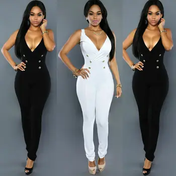 

Women Sleeveless Deep V neck Buttons Clubwear Playsuit Bodycon Party Skinny solid color Jumpsuit Elegant Romper