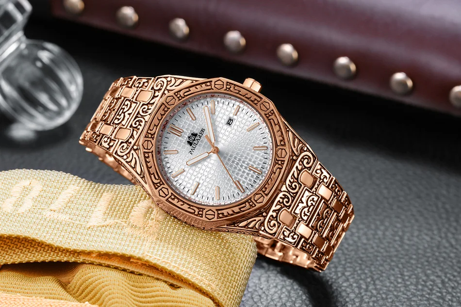 Lusso antico intagliato vintage luminoso oro rosa oro giallo argento 2 toni blu quarzo classico da uomo_voghion.com