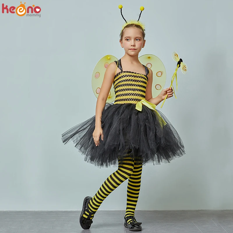 Children Bumble Bee Costume Set Girls Tutu Wings & Headband Yellow