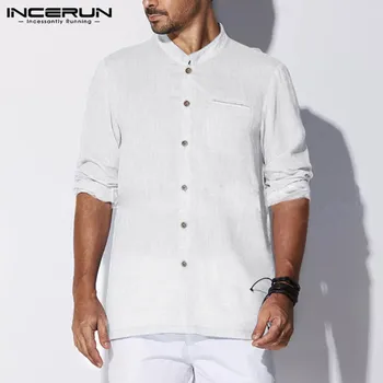 

INCERUN 2020 Cotton Long Sleeve Men Casual Shirt Button Loose Stand Collar Retro Solid Color Vintage Brand Shirts Men Camisa 5XL
