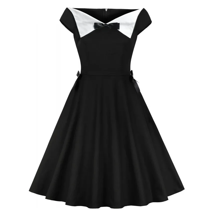 

Women Casual Retro Tunic Swing Dresses Elegant Sweet Bow A Line Black Stylish Patchwork Summer Preppy Style Party Vintage Dress