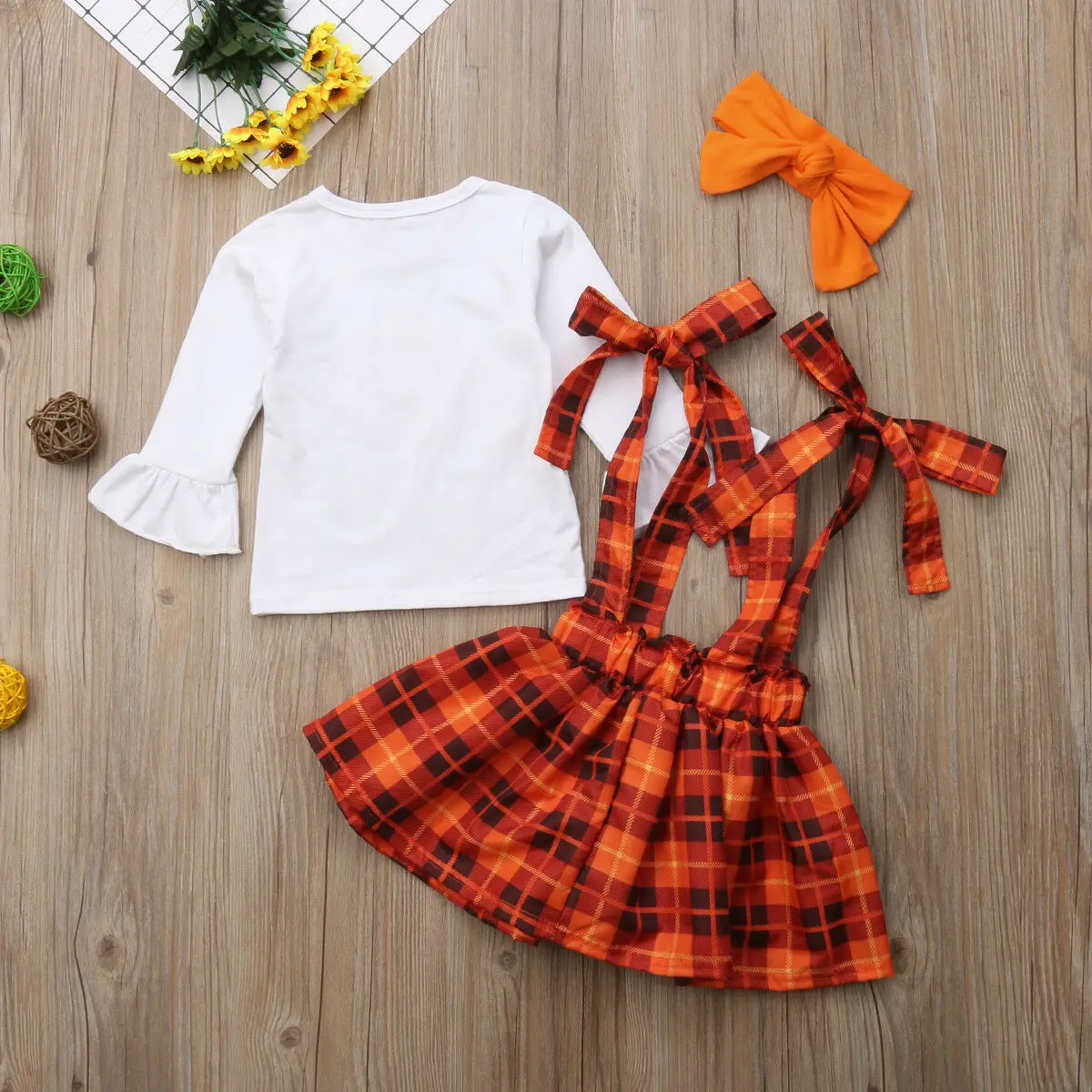 Коллекция года, одежда для маленьких девочек детская одежда в индейки на День Благодарения клетчатые топы с рукавами и оборками+ юбка на подтяжках комплект из 3 предметов