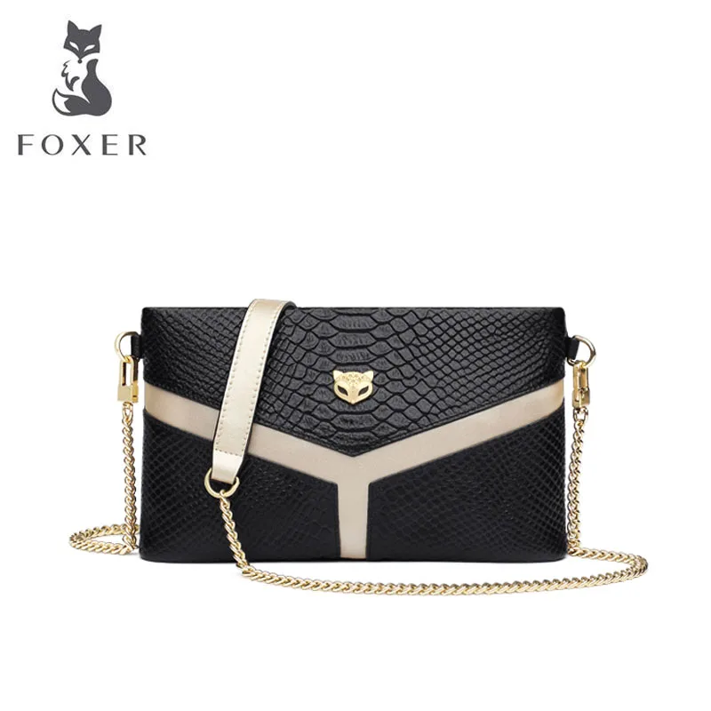 

FOXER Women Genuine Leather bag fashion Crocodile pattern cowhide Chain bag designer bags famous brand women bags 2019 new