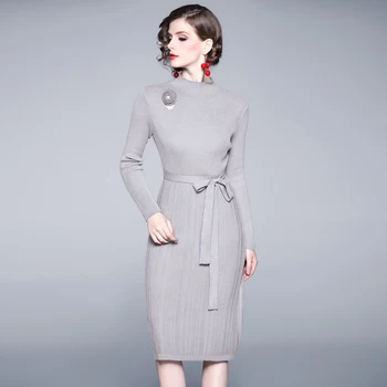 

Women Long Sleeve Blue Knitted Bodycon Dress Moda Mujer 2020 Vestido Elegante Sweater Bandage Dress Kleider Damen K9020