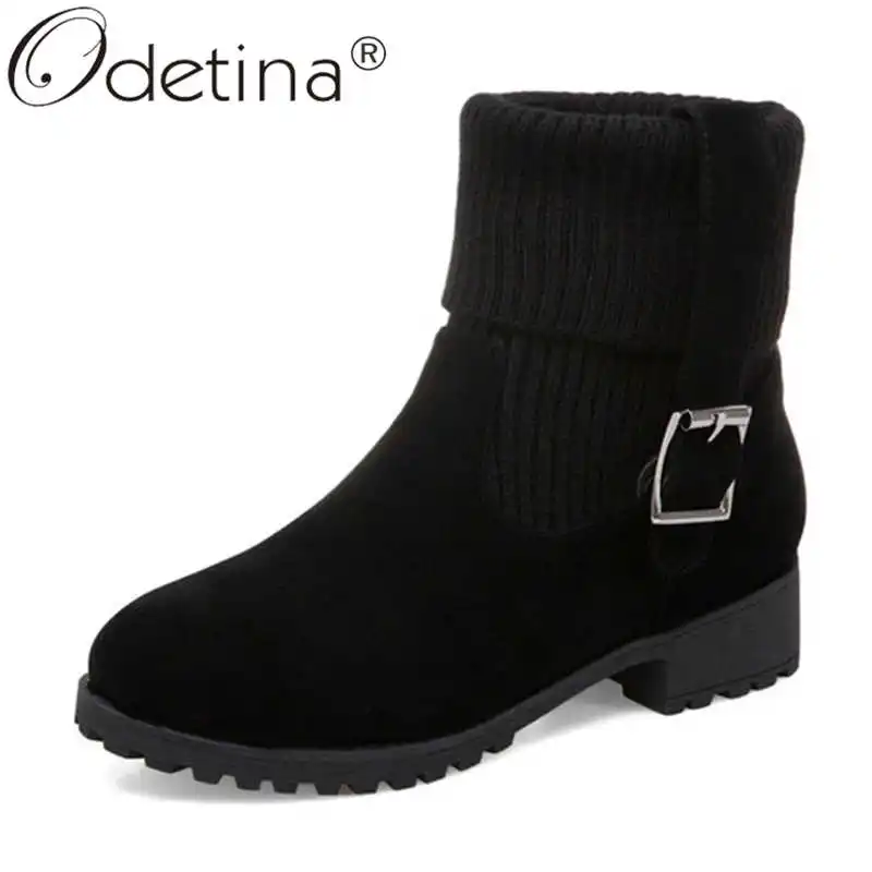 

Odetina Women New Mid Strange Style Lady Knitting Round Toe Ankle Boots Slip On Winter Fashion Faux Suede Buckle Strap Booties