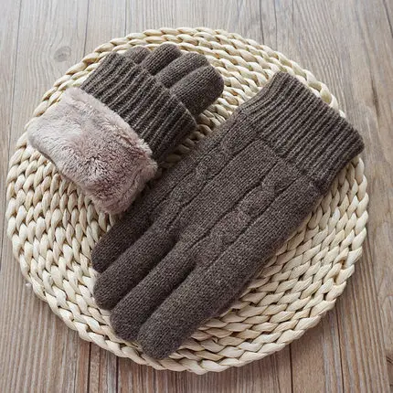 High Quality Fashion Men Touch Screen Gloves Male Velvet Thick Winter Knitted Warm Wool Gloves outdoor Driving Mittens - Цвет: dark tea