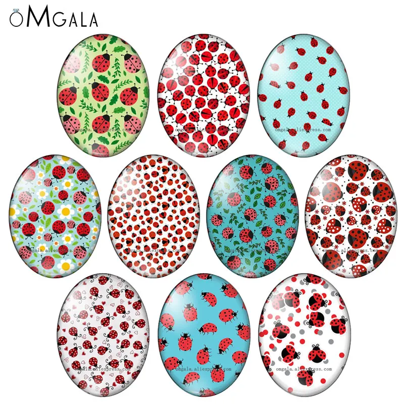

Lovely Red Ladybugs wit Flowers Patterns Background 13x18mm/18x25mm/30x40mm Oval photo glass cabochon flat back Making findings