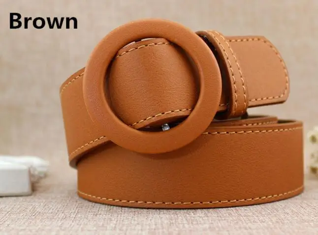 Brown JXQBSYDK Брендовые женские ремни, модные круглые пряжки, дизайн, пряжка, простой студенческий стиль, искусственная кожа, ПУ ремни для женщин - Цвет: Brown
