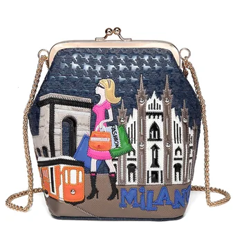 

2019 Women Pu Leather Patchwork Embroidery House Style Shoulder Bag Preppy Schoolbag StudentTravel Bag Cartoon Shopping Girl