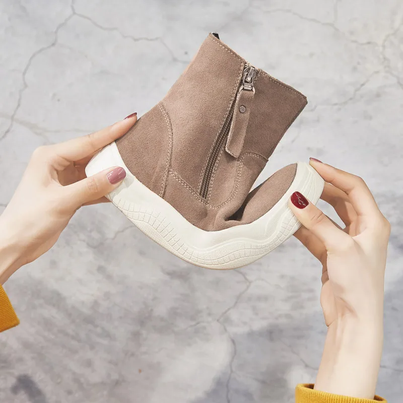 Suede Boots Women Winter Shoes Genuine Leather Women Ankle Boots Warm Cow Leather Shoes Ladies Height Increasing 5cm A1879