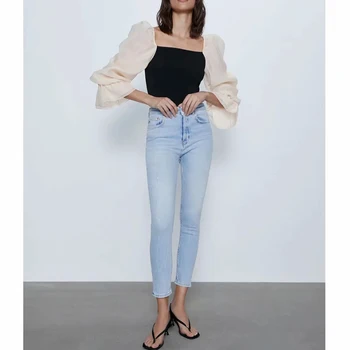 

2020 summer NEW women black tops patchwork puff sleeves t-shirt elegant highstreet fashion casual women shirts