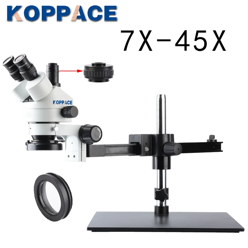 KOPPACE 7X 45X Trinocular Stereo Zoom Microscope,144 LED Ring Light,Mobile Phone Repair