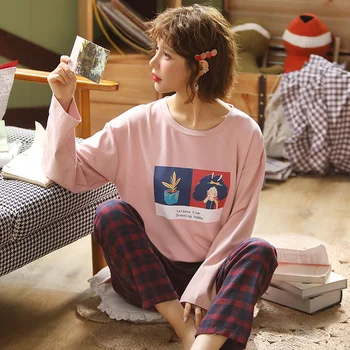 

Cotton Pajamas Women's Spring and Autumn New Style Long Sleeve Pullover Set Autumn and Winter Home Wear Large Size