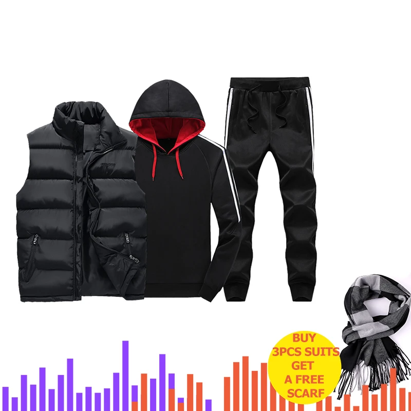 Комплект из 3 предметов с капюшоном, мужские спортивные костюмы, мужской зимний утепленный спортивный костюм, 3 предмета, куртка с меховым капюшоном+ флисовые толстовки+ штаны, мужской костюм - Цвет: Black  ZH301