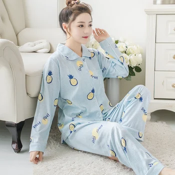 

Autumn Winter Pajamas Set Cute fruit Print Sleepwear Lovely Girl Long Sleeve Korean Nightgown Ladies