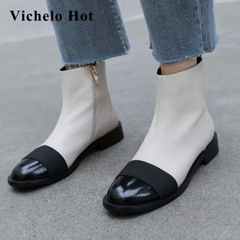 

Vichelo Hot leisure natural leather mixed cloth winter shoes women round toe med square heels zipper daily wear ankle boots L11
